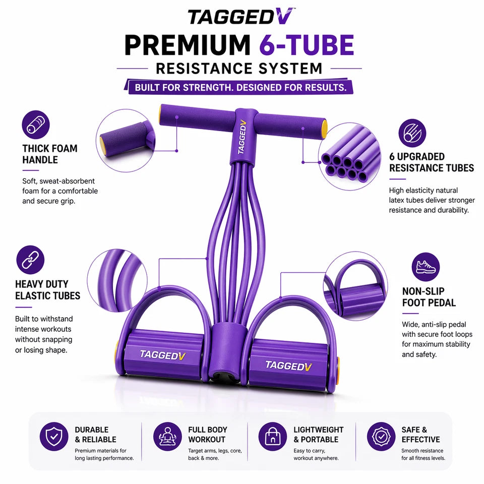 6-Tube Resistance Band Sit-Up Pedal Trainer – Full Body Home Workout Fitness Equipment