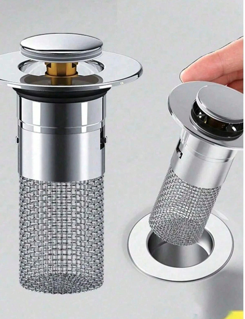 Pop-Up Sink Drain Stopper with Filter Basket – Universal Bathroom Sink Plug & Hair Catcher