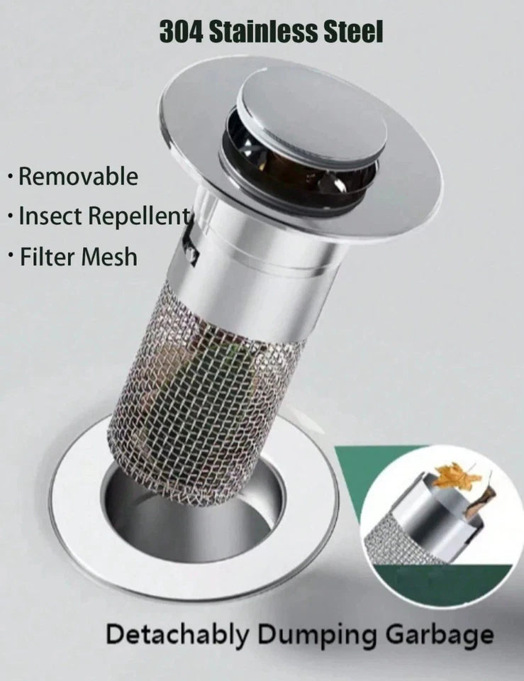 Pop-Up Sink Drain Stopper with Filter Basket – Universal Bathroom Sink Plug & Hair Catcher