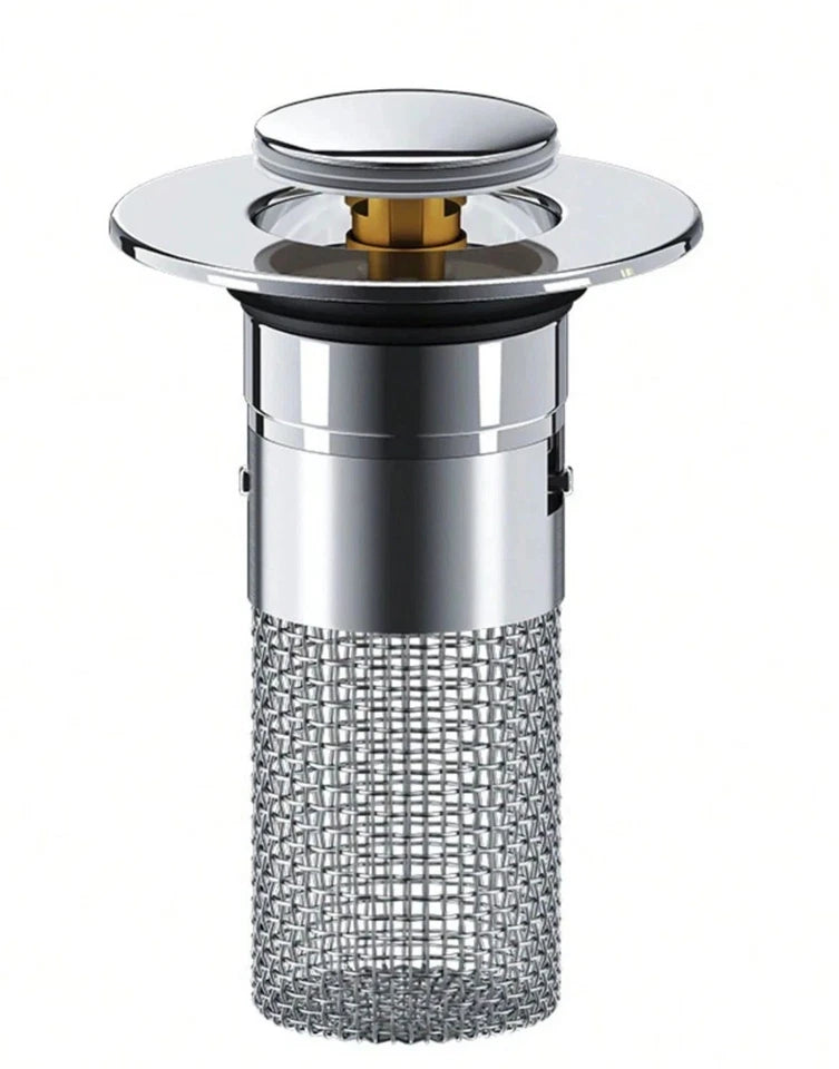 Pop-Up Sink Drain Stopper with Filter Basket – Universal Bathroom Sink Plug & Hair Catcher