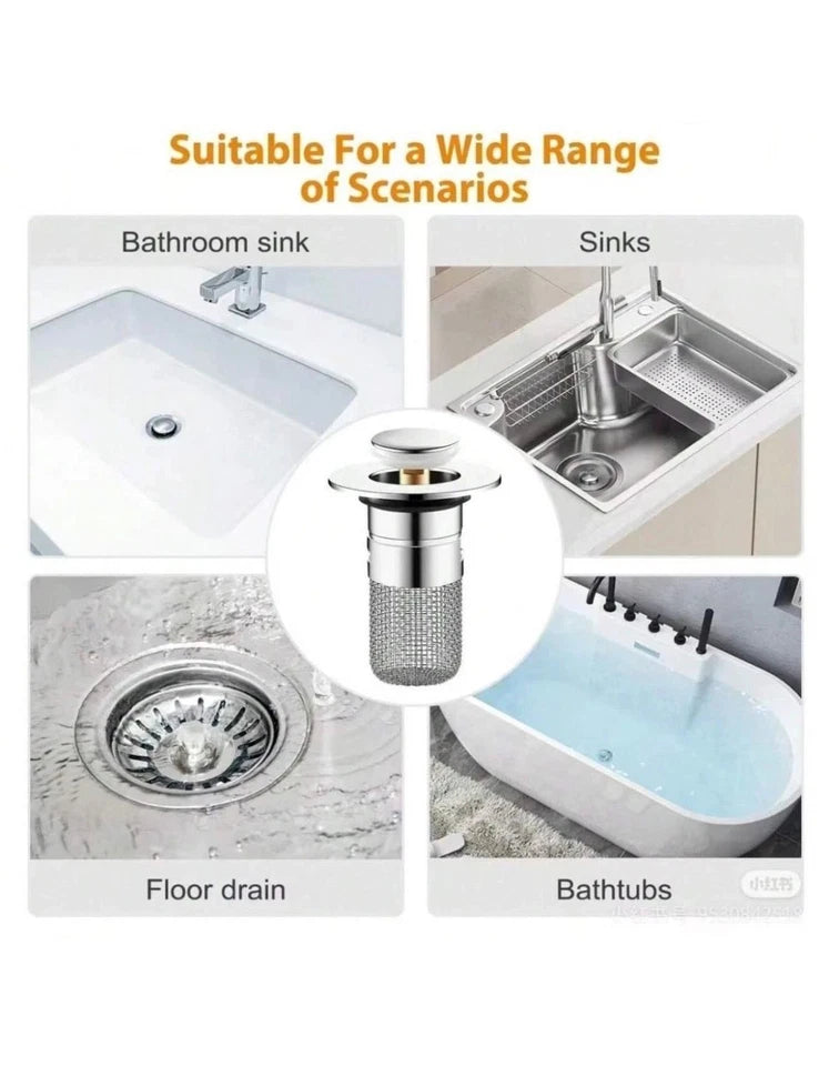 Pop-Up Sink Drain Stopper with Filter Basket – Universal Bathroom Sink Plug & Hair Catcher